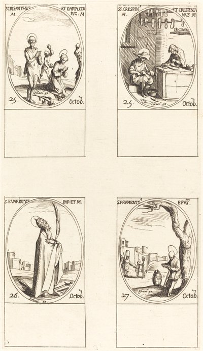 Sts. Chrysanthus a Daria; Sts. Crispin a Crispinian; Sv. Evaristus; Svatý Frumentius od Jacques Callot
