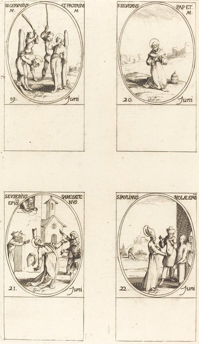 sv. Gervase a Protase; St. Silverius; Svatý Eusebius ze Samosaty; Svatý Paulinus z Noly od Jacques Callot