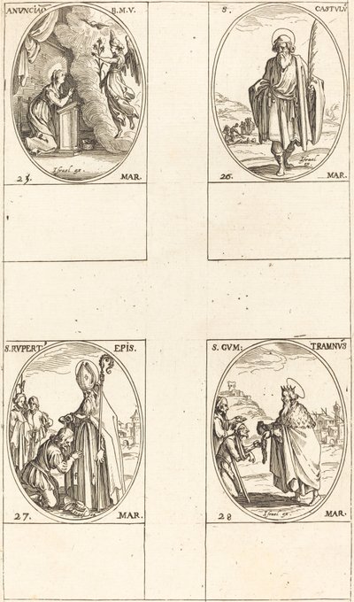Zvěstování, sv. Castulus, sv. Rupert, sv. Gontran. od Jacques Callot