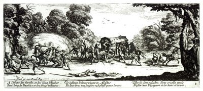 The Attack on the Stagecoach, deska 8 z „The Miseries and Misfortunes of War“, vyryla Israel Henriet (c.1590-1661) 1633 od Jacques Callot
