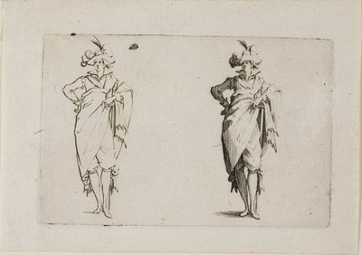 Gentleman viděný zepředu, s pravou rukou na boku, z The Caprices od Jacques Callot