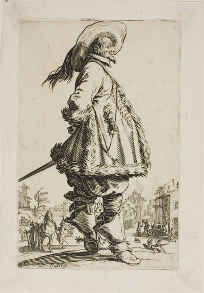 Gentleman v plášti lemovaném kožešinou, držící ruce za zády, deska sedm z La Noblesse od Jacques Callot