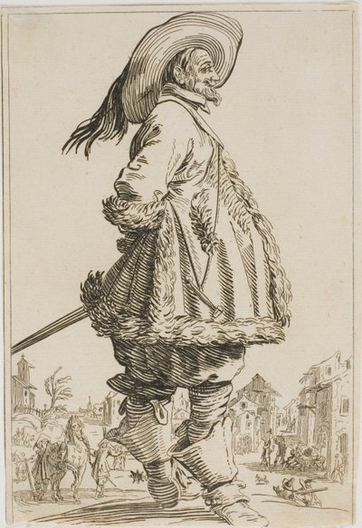 Gentleman v kožešinou lemovaném plášti s rukama za zády, ze série The Nobility of Lorraine od Jacques Callot