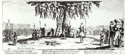 The Hanging, deska 11 z „The Miseries and Misfortunes of War“, vyryla Israel Henriet (c.1590-1661) 1633 od Jacques Callot