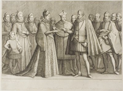 Sňatek Ferdinanda Medicejského a vévodkyně Kristiny Lotrinské, deska 1 ze Života Ferdinanda Medicejského od Jacques Callot