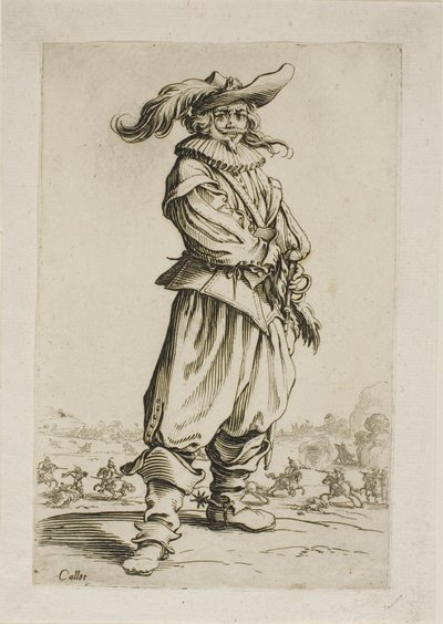 Voják s opeřeným kloboukem, deska tři z La Noblesse od Jacques Callot