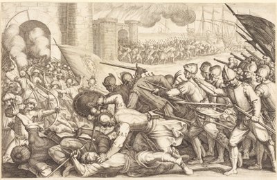 Vojska dobývající bránu města od Jacques Callot