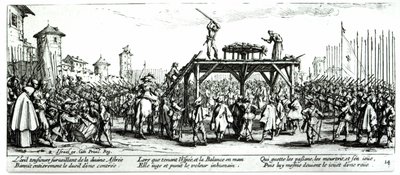 The Wheel, deska 14 z „The Miseries and Misfortunes of War“, vyryla Israel Henriet (c.1590-1661) 1633 od Jacques Callot