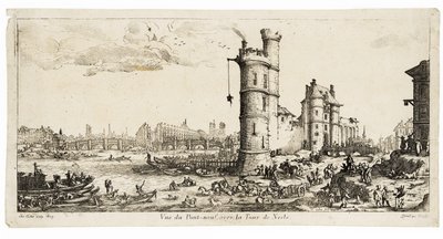 Pohled na Pont Neuf a Tour de Nesle (rytina) od Jacques Callot