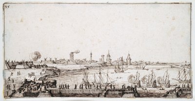 Pohled na přístav La Rochelle s galeonami střílejícími na pozdrav (pero a hnědý inkoust na papíře) od Jacques Callot
