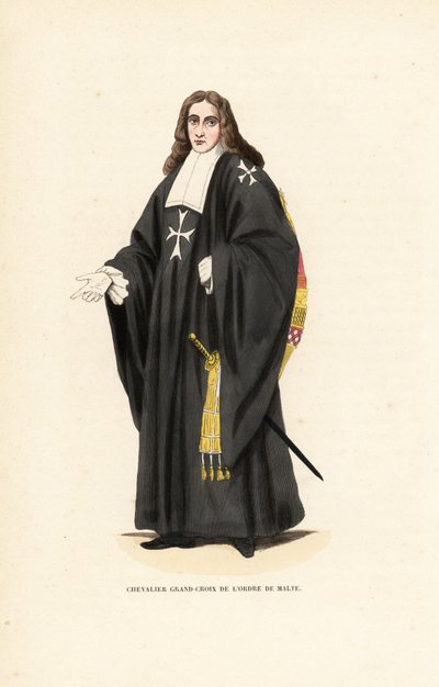 Velký kříž johanitských rytířů, maltézský řád, rytířský řád nemocnice svatého Jana Jeruzalémského, rytíř Grand-Croix de l’Ordre de Malte. Ručně kolorovaná dřevorytina podle ilustrace Jacquese Charlese Bara z Abbot Tiron’s od Jacques Charles Bar