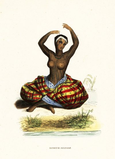 Potetovaná mladá žena s odhalenými ňadry tančící hula sedící na zemi od Jacques Etienne Victor (after) Arago