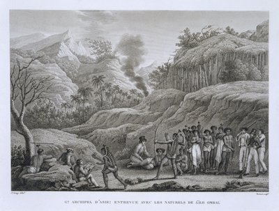 Velké asijské souostroví: Francouzští průzkumníci s domorodci na ostrově Ombai, z Voyage Autour du Monde (1817-20), Louis Claude De Saulces de Freycinet (1779-1842), vyryto Bovinetem, vyd. od Jacques Etienne Victor Arago