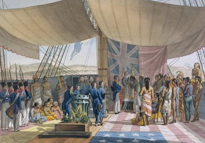 Sandwichovy ostrovy: Křtiny králů Premiér na palubě Uranie, z Voyage Autour du Monde sur les Corvettes de LUranie 1817-20, vyryto Lerouge and Forget, vydáno 1825 ( od Jacques Etienne Victor Arago