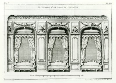 Chytrý pařížský salon, počátek roku 1770 z Cours dArchitecture, Paříž, vydaný v 6 svazcích v letech 1771-77 Blondelem, Jacques-Francois (1705-74) Série dokončená Pierrem Pattem po jeho smrti, od Jacques François Blondel