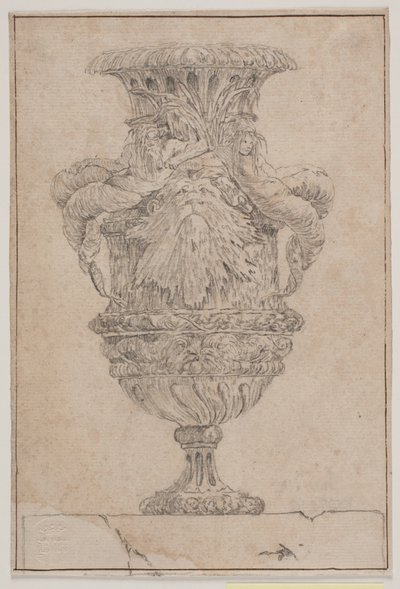 Okrasná váza s velkou hlavou, mořským bohem a vodní nymfou. Kopie po Pl. 26 v soupravě váz navržených Saly v roce 1746. "Vasa a se inventa..." od Jacques Francois Joseph Saly