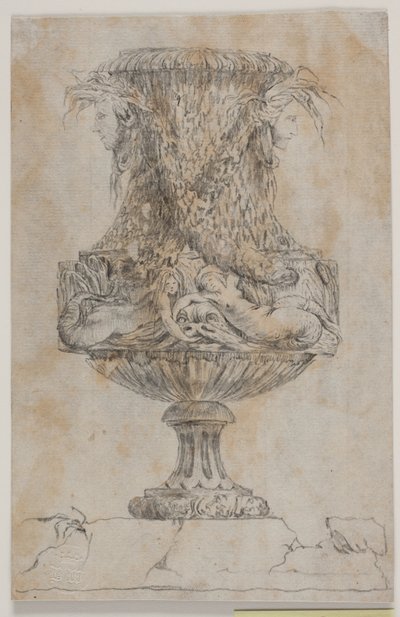 Dekorativní váza se dvěma hlavami a dvěma vodními nymfami. Kopie po Pl. 20 v soupravě váz navržených Saly v roce 1746. "Vasa a se inventa..." od Jacques Francois Joseph Saly