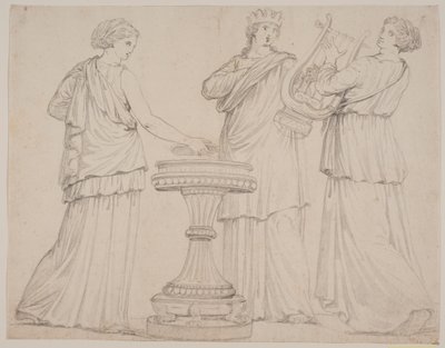 Tři ženy v řeckých rouchách u oltáře. Žena tv. s tabletou (?), uprostřed s korunkou, t.h. s lyrou (terpsichore?) od Jacques Francois Joseph Saly