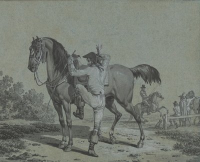 Muž nasedající na koně, . od Jacques Francois Joseph Swebach