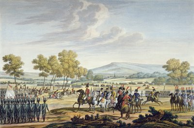 Manévrování císařské gardy v přítomnosti dvou císařů v Tilsitu, 28. června 1807, vyryto Edmem Bovinetem (1767-1832) (akvatinta) od Jacques Francois Joseph Swebach