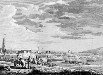 Válka francouzské revoluce a protirevoluční hnutí: Francouzské vítězství v bitvě u Hondschoote u Dunkerque proti britským a rakouským protirevolučním jednotkám v roce 1793. Rytina Berthaut po Swebach. Paříž, knihovna institutu od Jacques Francois Joseph Swebach