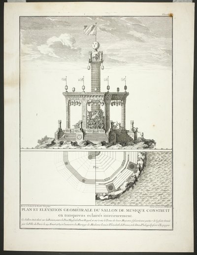Plán a výřez hudebního sálu, třetí deska z knihy Description des Festes Données par la Ville de Paris od Jacques François Blondel