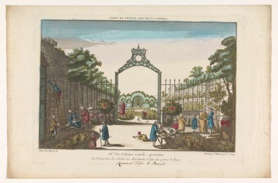 Gezicht op de Jardin des Marchands te Parijs Zahrada u jedné z bran Paříže (název na objektu) od Jacques Gabriel Huquier