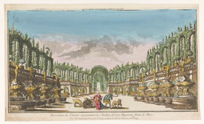 Pohled na zahradu Circe Decoration de théatre, reprezentativní les Jardins de Circe (název na objektu) od Jacques Gabriel Huquier