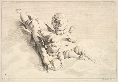 Dva Cupids, jeden drží míč, střední k pozdní 18. století. od Jacques Gabriel Huquier