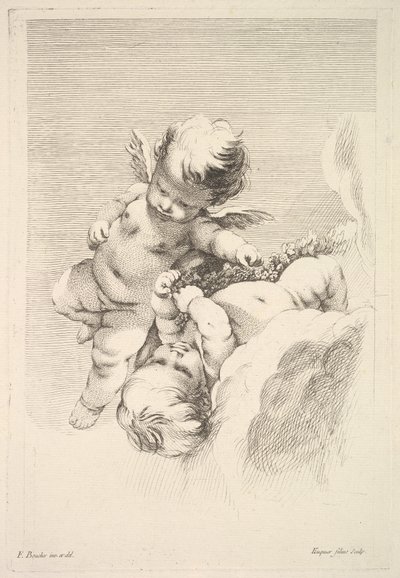 Dva Cupids, jeden drží věnec, střední k pozdní 18. století. od Jacques Gabriel Huquier