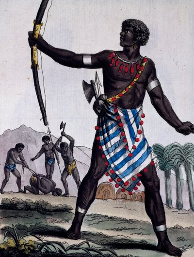 Válečník Anzikos, Afrika, rytina z Encyklopedie plaveb od Jacques Grasset de Saint Sauveur