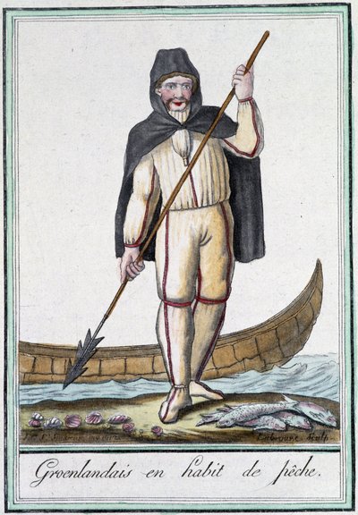 Gróňané v rybářském náčiní – v „“Encyclopédie des voyages”” od Grasset Saint Sauveur, ed. Paříž 1796 od Jacques Grasset de Saint-Sauveur