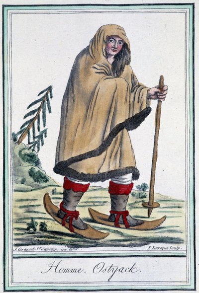 Ostyack muž na lyžích - v “”Encyclopédie des voyages”” od Grasset Saint Sauveur, ed. Paříž 1796 od Jacques Grasset de Saint-Sauveur