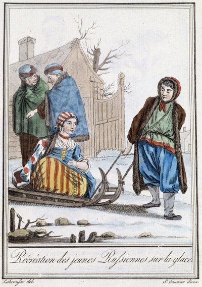 Rekreace mladých Rusů na sáňkách (Rusové) - v “”Encyklopedie cest”” od Grasset Saint Sauveur, ed. Paříž 1796 od Jacques Grasset de Saint-Sauveur