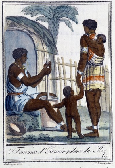 Ženy z Issinie buší rýži - v „“Encyklopedie cest”” od Grasset St Sauveur, ed. 1796 od Jacques Grasset de Saint-Sauveur