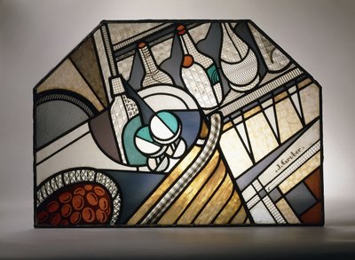 Panel z barevného skla ve stylu Art Deco zobrazující koktejlový bar (olovnaté vitráže) od Jacques Gruber