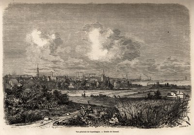 Celkový pohled na Kodaň, kresba Jacquese Guiauda (1810-1876), pro ilustraci cesty J. M. Dargauda do Dánska (1800-1860), v roce 1860. Rytina v „“Le tour du monde“, editoval Edouard Charton od Jacques Guiaud