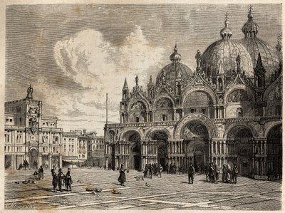 Náměstí a kostel sv. Marka (Svatého Marka), kresba Jacquese Guiauda (1810-1876), pro ilustraci cesty Adalberta de Beaumonta do Benátek kolem roku 1850. Rytina „“Le tour du monde““, editoval Edouard Charton od Jacques Guiaud