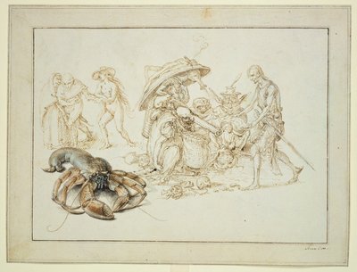 Humr a dvě čarodějnice, c.1602 (pero a akvarel na papíře) od Jacques II de Gheyn