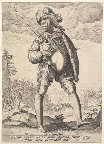 Voják, vyzbrojený širokým mečem a štítem, od důstojníků a vojáků, 1587. od Jacques II de Gheyn