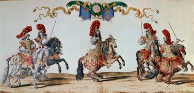 Kolotoč roku 1662: Král Ludvík XIV. a rytíři účastnící se kolotoče roku 1662 v Paříži (rytina) od Jacques I Bailly