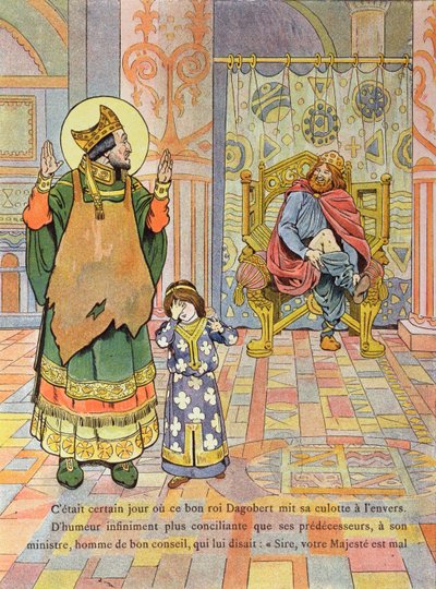 Král Dagobert I. (asi 603-39) si oblékl kalhoty nesprávně, ilustrace z „Francie, syn historie“ od G. Montorgueila, kolem roku 1910 od Jacques Marie Gaston Onfray de Breville (Job)