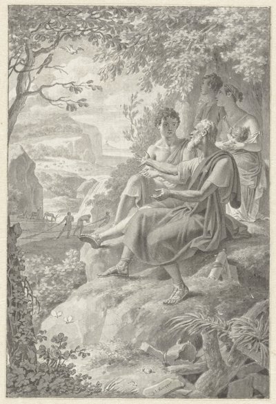 Návrh na knižní ilustraci se starým vypravěčem, mladou rodinou a všemi druhy zvířat od Jacques Kuyper