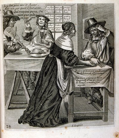 Rytá ilustrace ze sbírky přísloví ze 17. století. Paříž 1657-1663. Autor: Jacques Lagniet (1620-1675). Francouzský rytec. Od něho mnoho společensky kritických rytin a posměšných obrázků, jako jsou jeho někdy groteskní a fantastické ilustrace. od Jacques Lagniet