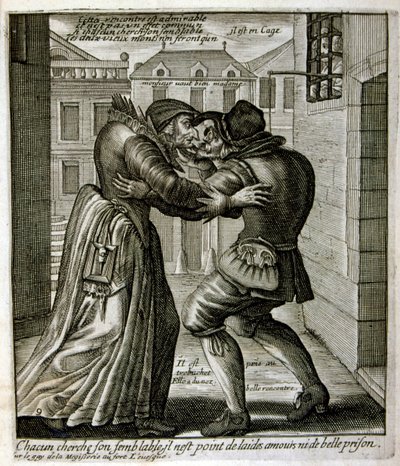Rytá ilustrace ze sbírky přísloví ze 17. století. Paříž 1657-1663. Autor: Jacques Lagniet (1620-1675). Francouzský rytec. Od něho mnoho společensky kritických rytin a posměšných obrázků, jako jsou jeho někdy groteskní a fantastické ilustrace. od Jacques Lagniet