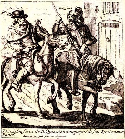 Don Quijote na Rossinante, doprovázený Sancho Pancou na oslu Grisonovi, kolem roku 1640 (ilustrace) od Jacques Lagniet