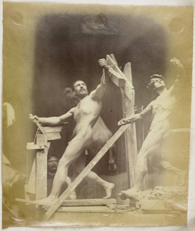 Studie modelu mužského aktu na lešení, při pohledu ze strany a vedle sádrového modelu ve stejné pozici, v ateliéru Jacquese de Lalaing od Jacques Lalaing (attributed to)
