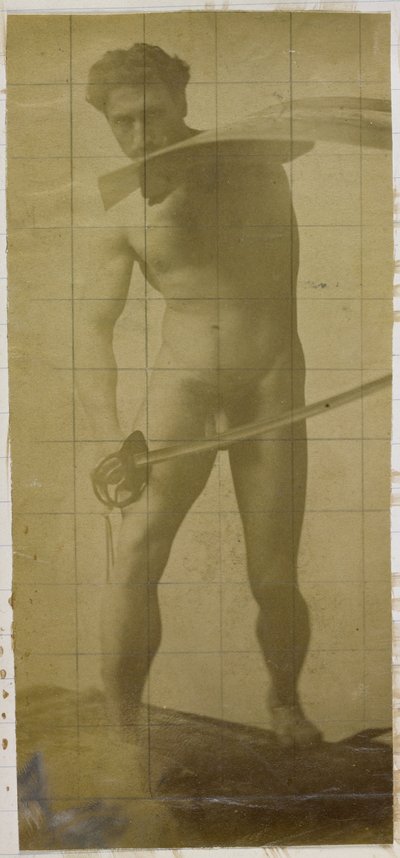 Studie modelu mužského aktu, stojícího s mečem a štítem v rukou, v ateliéru Jacquese de Lalaing od Jacques Lalaing (attributed to)