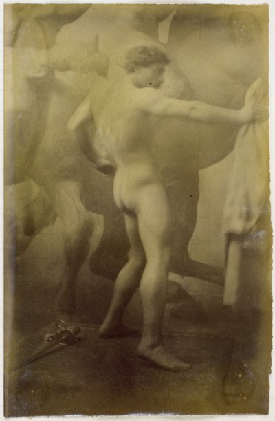 Studie modelu mužského aktu, stojícího na pozadí monumentální nástěnné malby koní, v dílně Jacquese de Lalaing od Jacques Lalaing (attributed to)