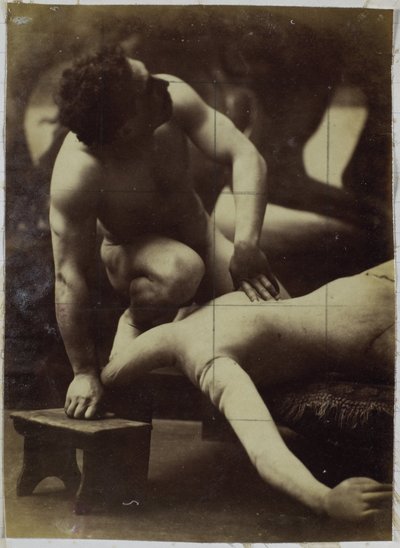 Studie mužského nahého modelu zápasícího s manekýnem v ateliéru Jacquese de Lalainga od Jacques Lalaing (attributed to)